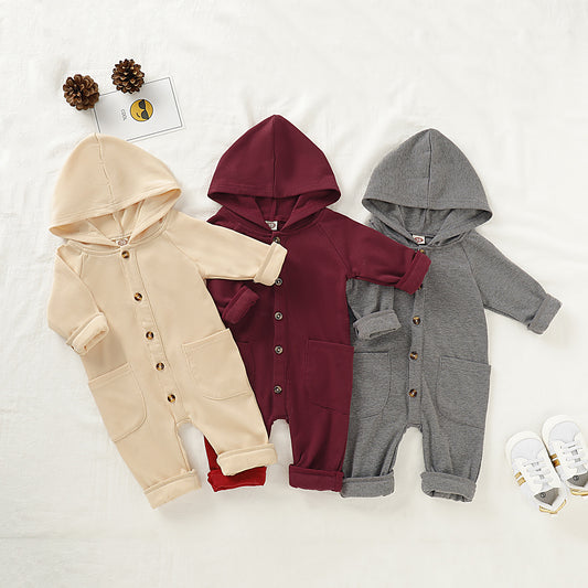 Cross-border solid color hooded single-breasted baby children's hooded romper