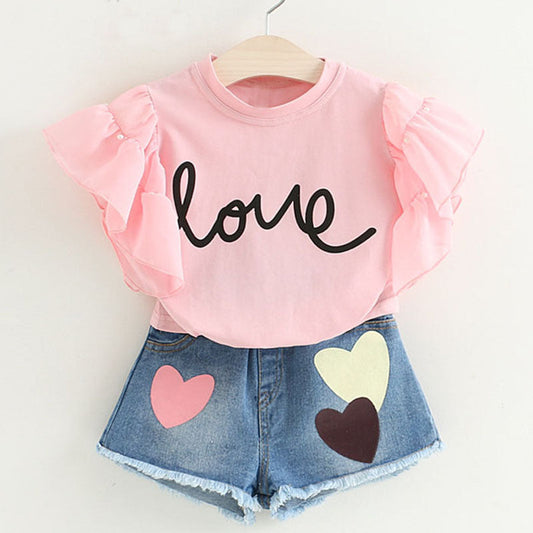 Jean shorts with print love 2pcs set