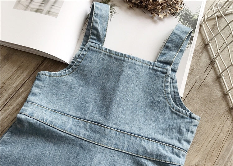 Sleeveless Denim Wash Strap Dress  For Girls