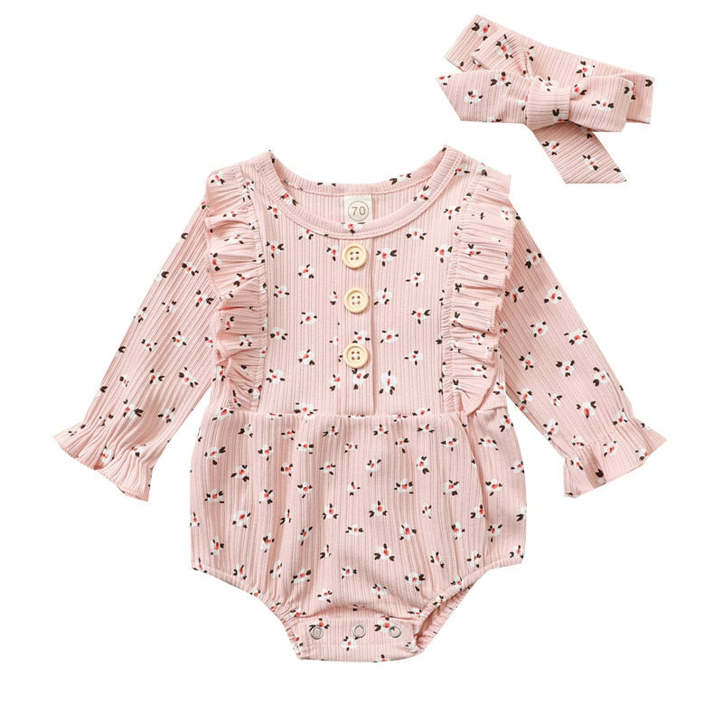 4 Colors Baby Girls Rompers  Princess Girls Knitted Floral Ruffles Rompers Jumpsuits Headband 2pcs