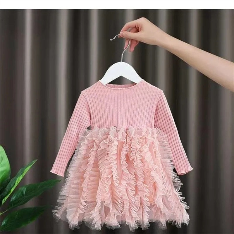 Fluffy Skirt Girls Long-Sleeved Pure Dress Spring Autumn Baby Suits Pure Color Mesh Skirt