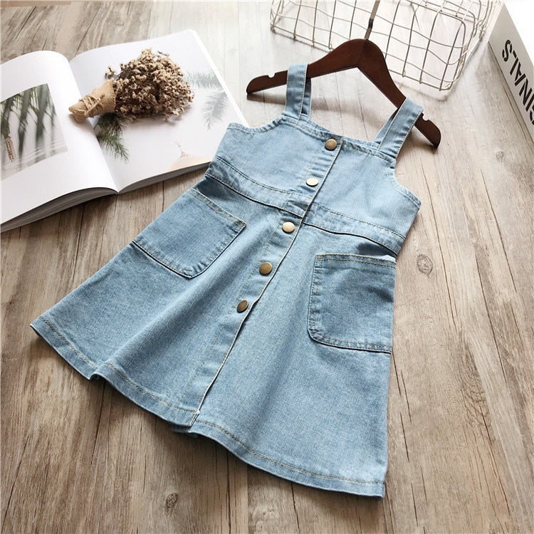 Sleeveless Denim Wash Strap Dress  For Girls