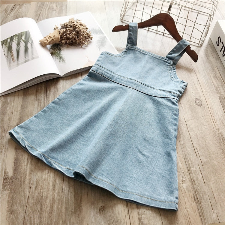 Sleeveless Denim Wash Strap Dress  For Girls