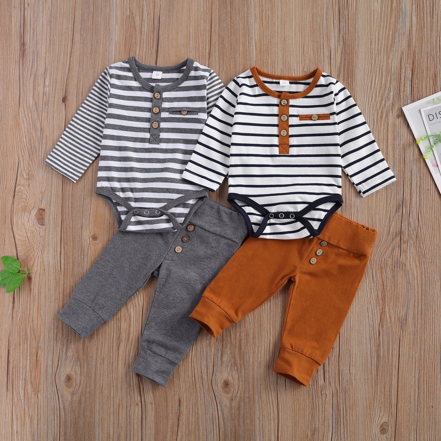 2 Pcs Unisex Casual Long Sleeve Stripe Romper