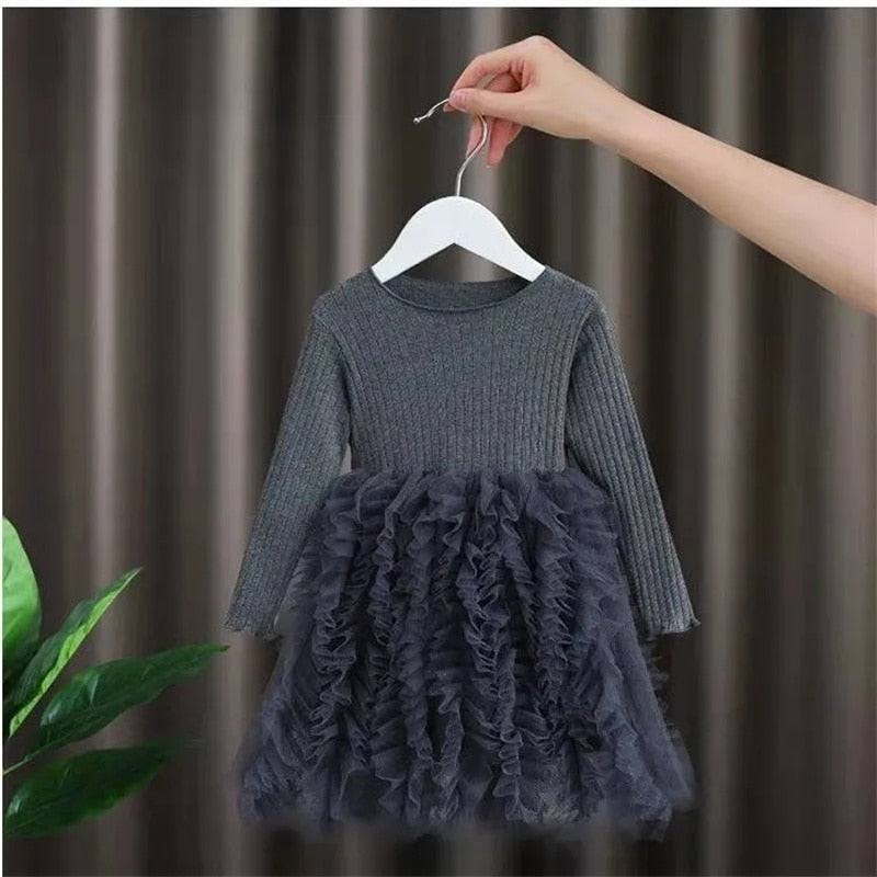 Fluffy Skirt Girls Long-Sleeved Pure Dress Spring Autumn Baby Suits Pure Color Mesh Skirt