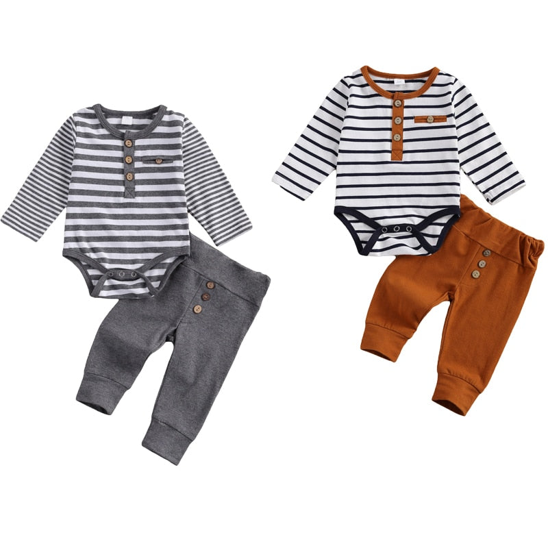 2 Pcs Unisex Casual Long Sleeve Stripe Romper