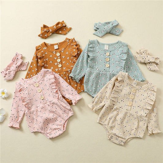 Girls Knitted Floral Ruffles Rompers Jumpsuits Headband 2pcs