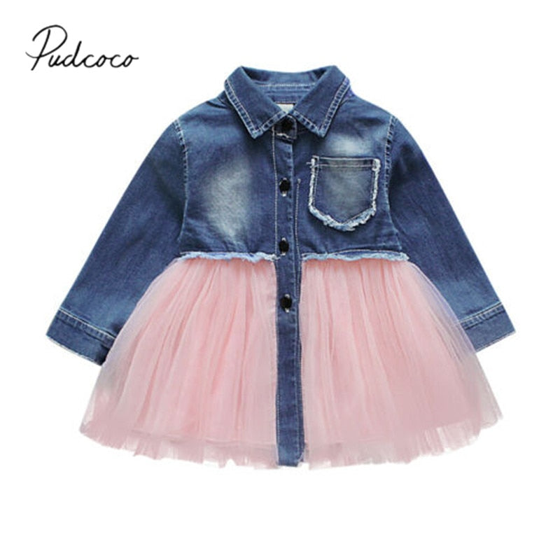 Baby Girls Denim Dress Long Sleeve Party Casual Tutu Chiffon Patchwork Kids Dresses 6M-4T