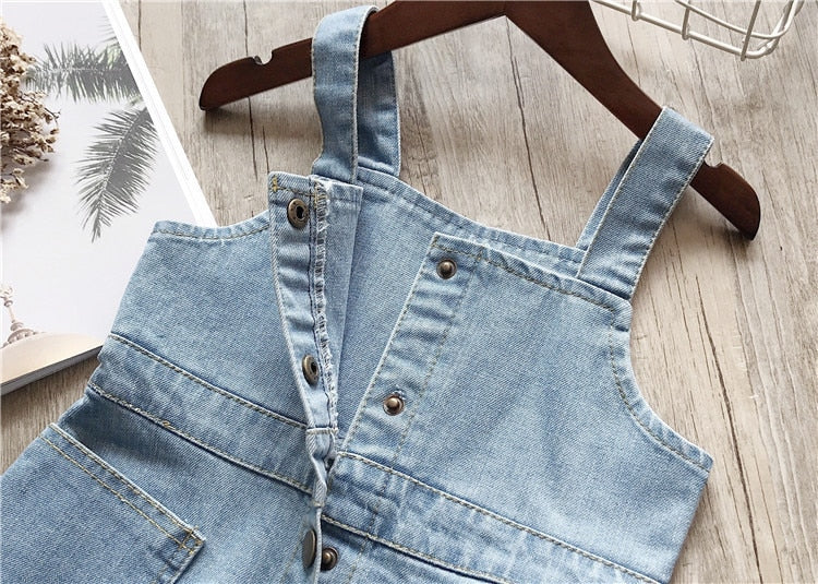 Sleeveless Denim Wash Strap Dress  For Girls