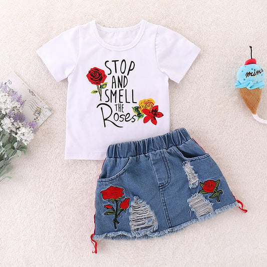 Flower Print Set Top+Denim Skirt 2Pcs baby girl