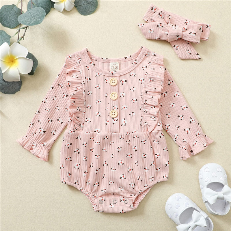 4 Colors Baby Girls Rompers  Princess Girls Knitted Floral Ruffles Rompers Jumpsuits Headband 2pcs